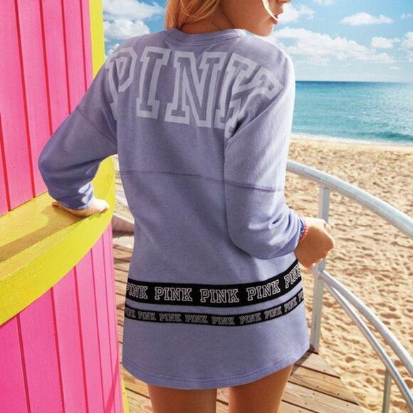 VS PINK VICTORIAS SECRET Varsity Crew Baby Pink Double Sided Crewneck Sweatshirt - Picture 2 of 16